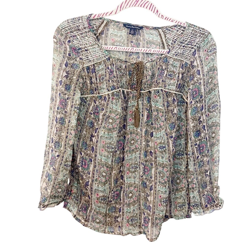 American Eagle Outfitters Boho Paisley Metallic Gold Thread Peasant Blouse Small